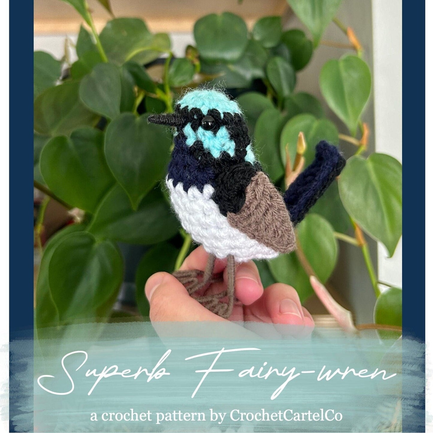 Handmade bird crochet pattern shown held by a hand with green leaves in the background.