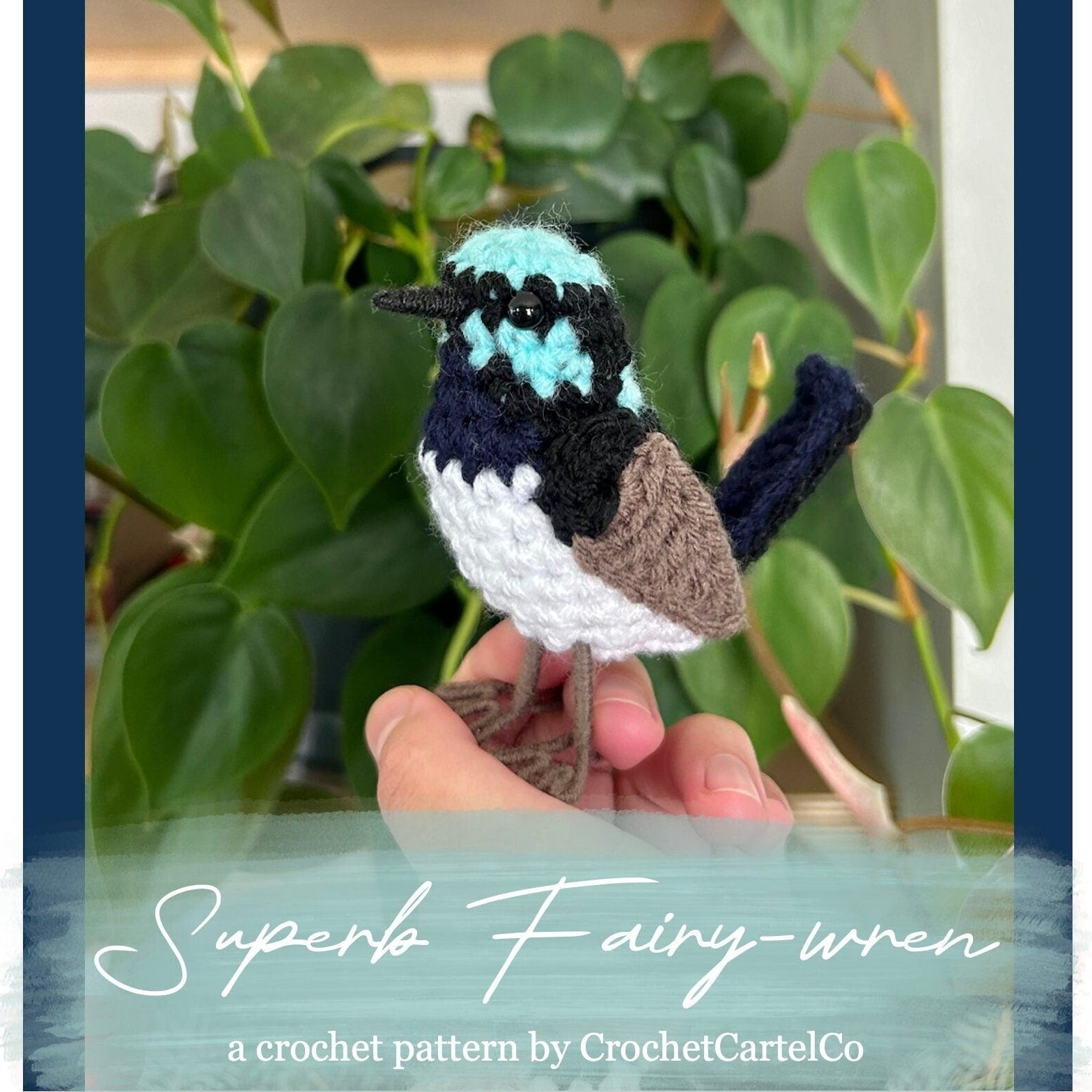 Handmade bird crochet pattern shown held by a hand with green leaves in the background.