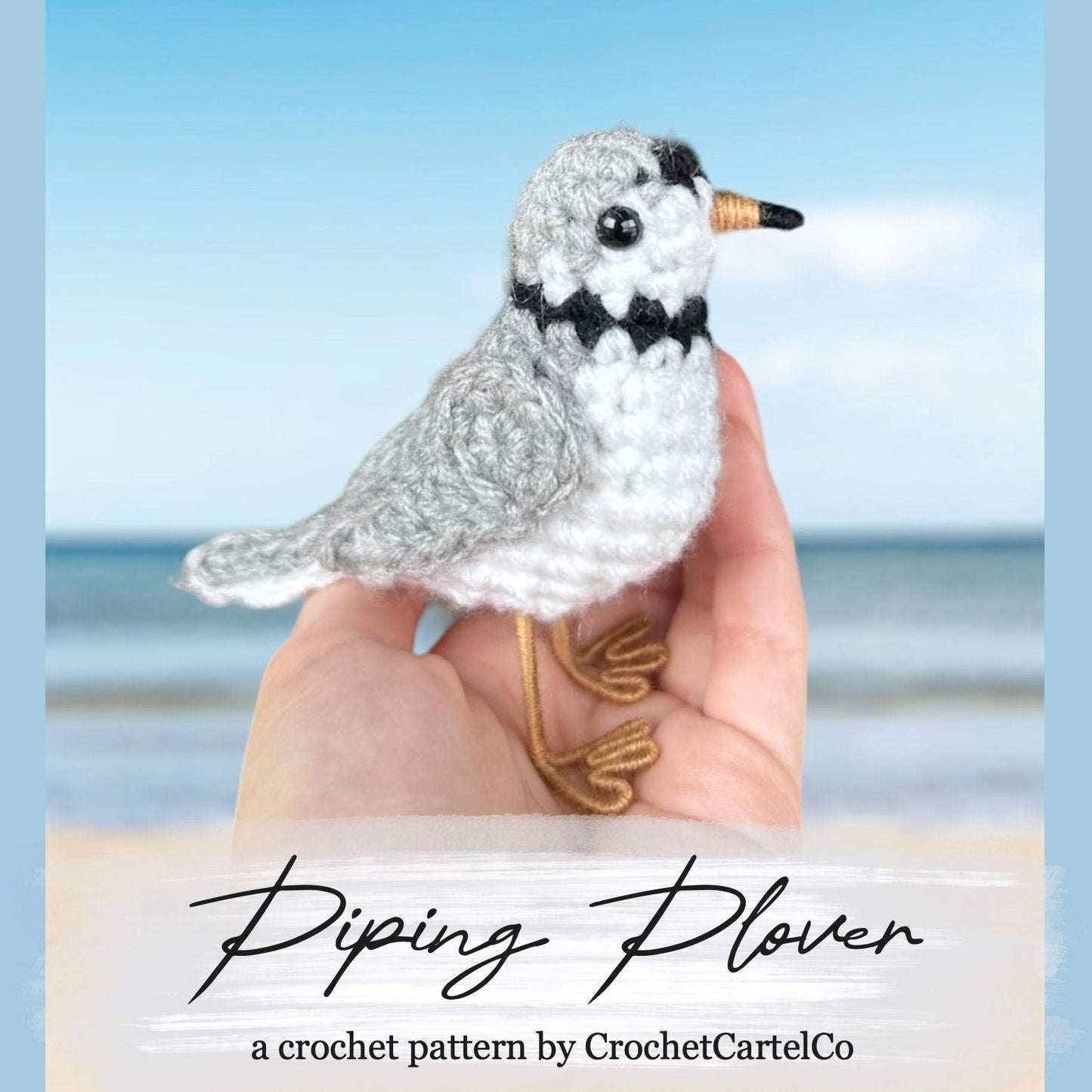 Crochet pattern for a piping plover bird, held in a hand with a beach background