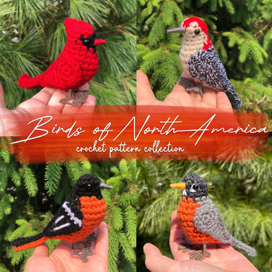 Collage of four crochet birds held in hands against a green leafy background, with text 'Birds of North America crochet pattern collection'.
