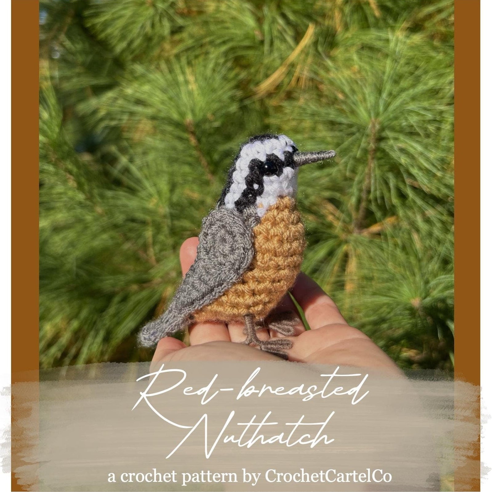 Crochet pattern for a white-breasted nuthatch, shown in a hand with a green background
