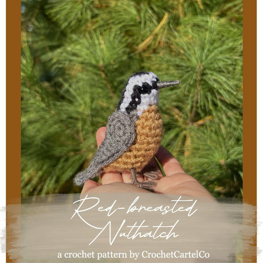 Crochet pattern for a white-breasted nuthatch, shown in a hand with a green background