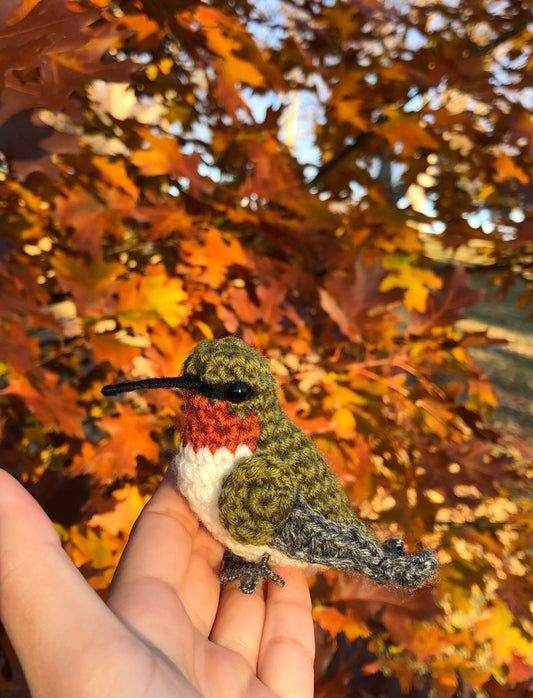 Hand holding a crochet hummingbird toy against an autumn leaf background