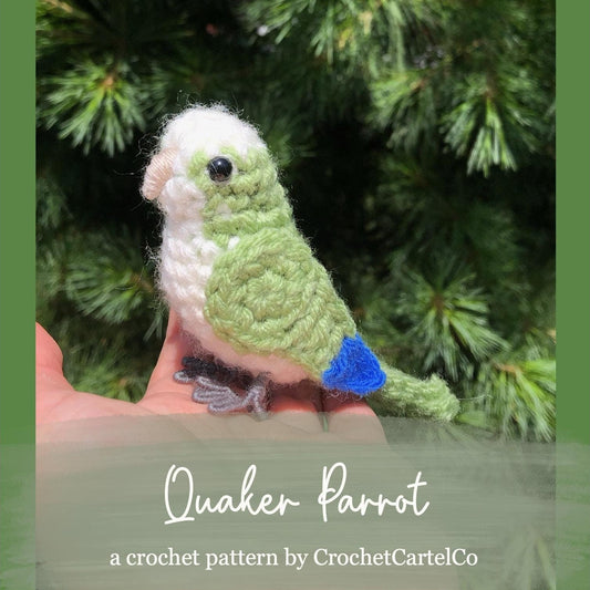 Crocheted parrot held in a hand with a green leafy background, featuring 'Quaker Parrot Crochet Pattern' by CrochetCartelCo.