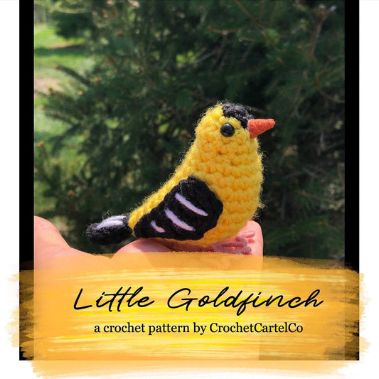 Crochet pattern for a yellow bird held in a hand with a blurred green background