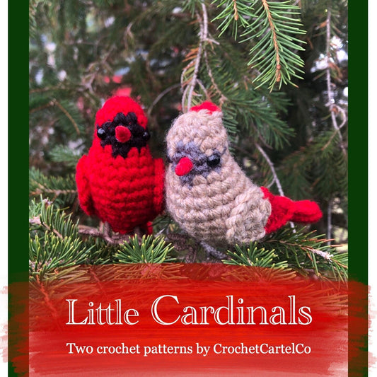 Crochet pattern for two crochet cardinals on a Christmas tree with 'Little Cardinals' text and 'CrochetCartelCo' branding.