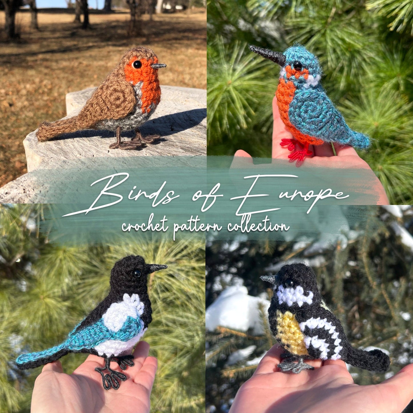 Collage of crochet birds with 'Birds of Europe crochet pattern collection' text.