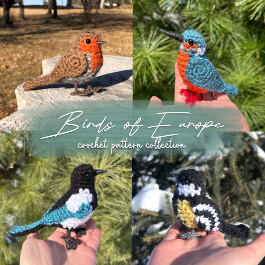 Collage of crochet birds with 'Birds of Europe crochet pattern collection' text.