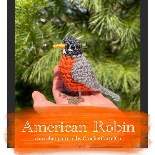 Crochet pattern for an American Robin held in a hand with a green leafy background