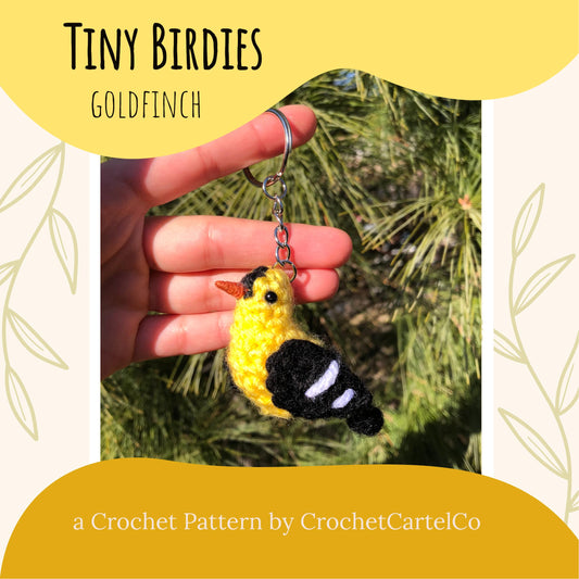 A goldfinch crochet pattern shown with a yellow background and green foliage.