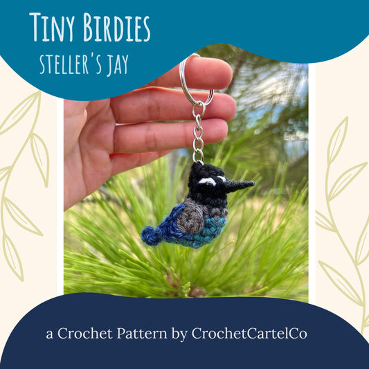 A crochet Steller's Jay keychain crochet pattern shown with a natural background