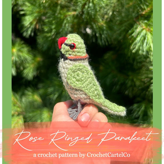 Crocheted green parakeet pattern, shown held in a hand with a blurred green background
