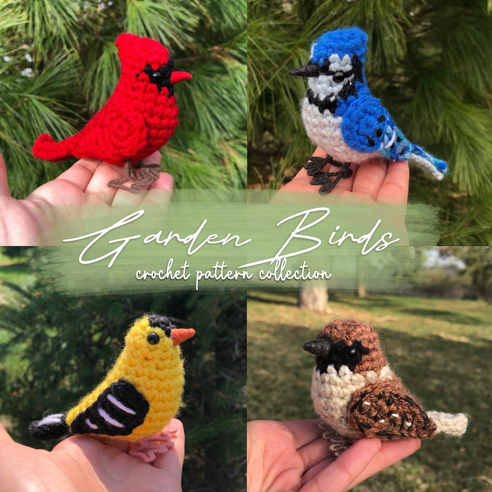 Four crocheted bird toys held in hands with a garden background, labeled 'Garden Birds crochet pattern collection'.