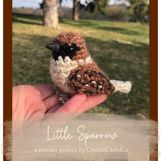 Crochet pattern for a crochet bird toy with 'Little Sparrow' text and brand name.