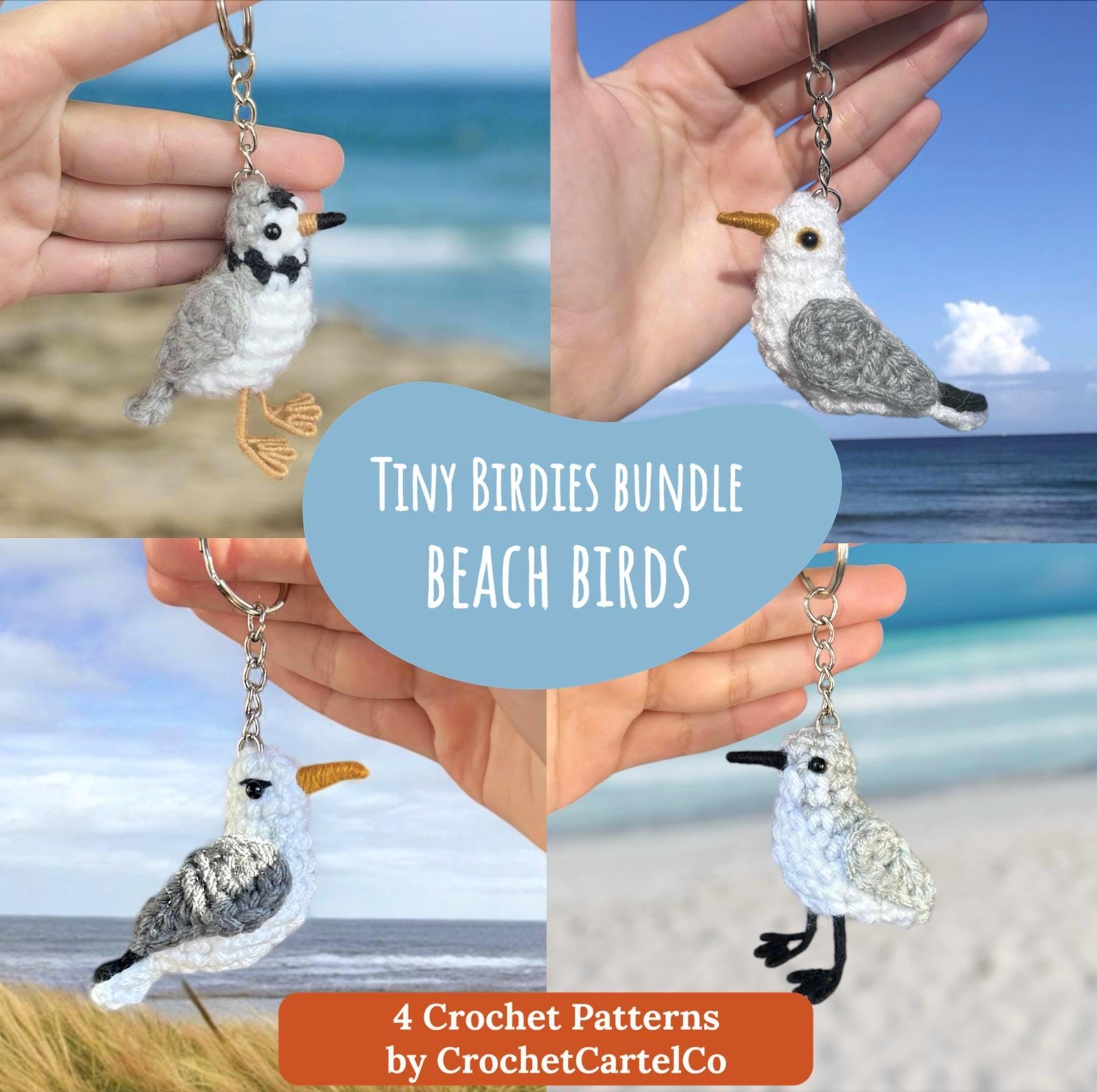 Hand holding a collection of crochet bird keychain crochet patterns, shown with a beach background, featuring 'Tiny Birdies Bundle Beach Birds' by CrochetCartelCo.