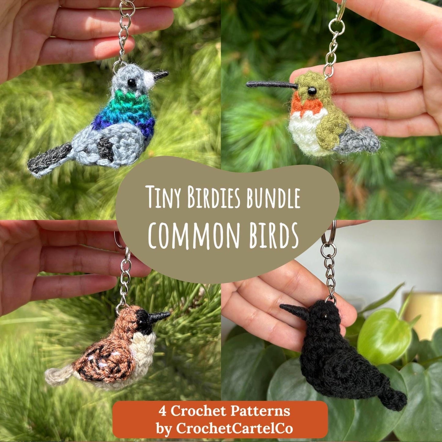 Four crochet bird crochet patterns, shown held by hands with a green leafy background.