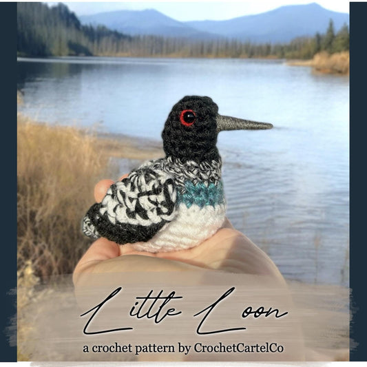 Crocheted loon pattern being shown held by a hand with a scenic lake background, featuring 'Little Loon' pattern by CrochetCartelCo.