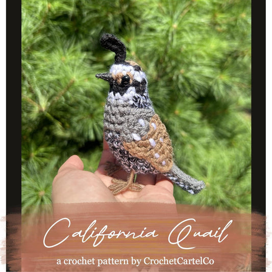 Crocheted California Quail pattern shown with a blurred green background