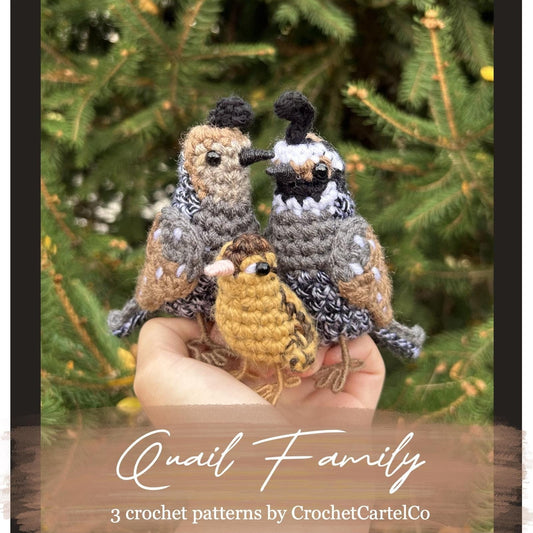 Crocheted quail family crochet pattern bundle shown in front of greenery.