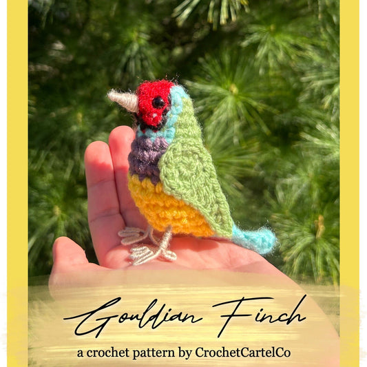 Colorful crocheted Gouldian Finch pattern, shown held in a hand with a green leafy background