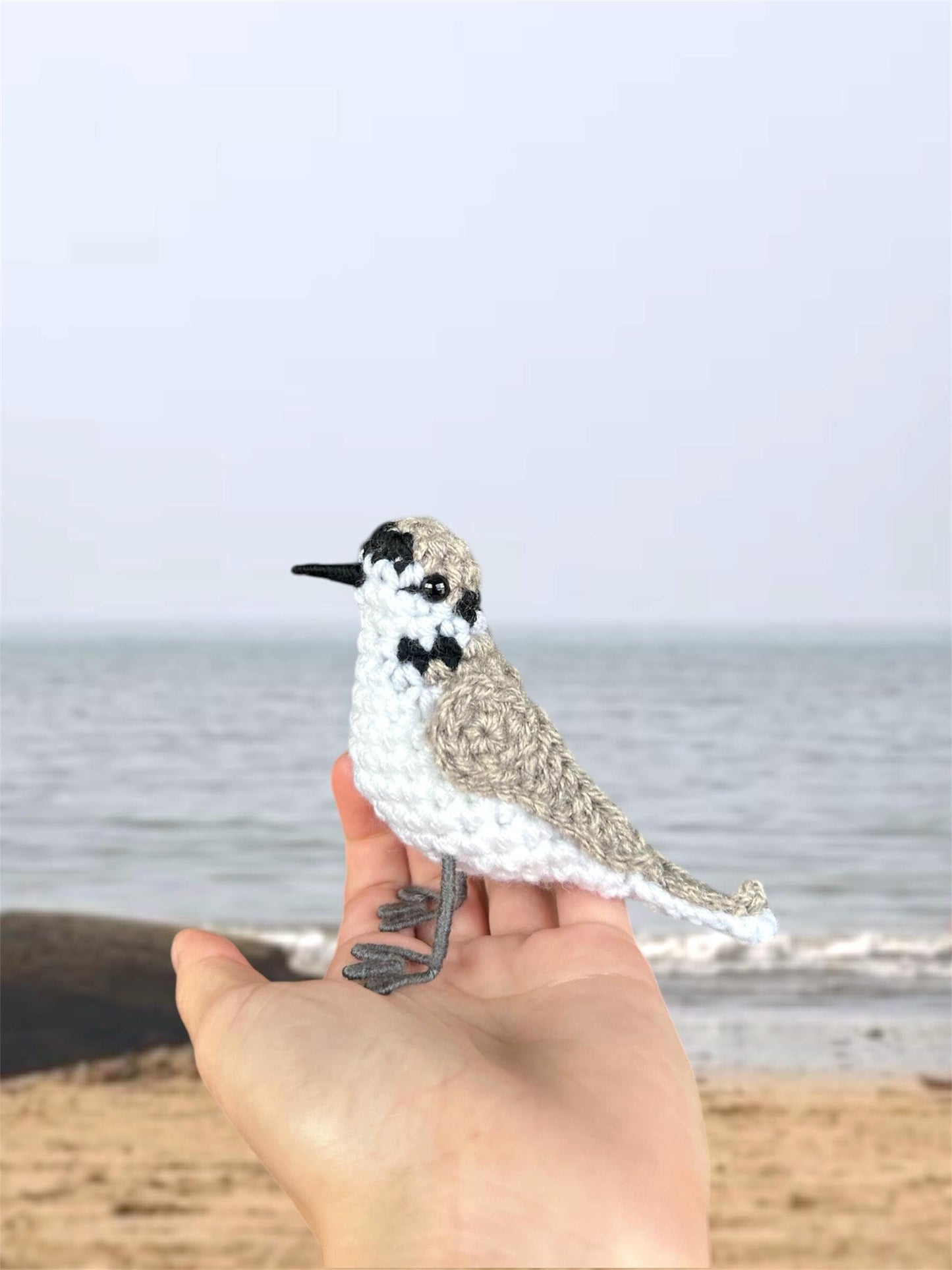 Hand holding a small bird figurine with a beach and ocean in the background