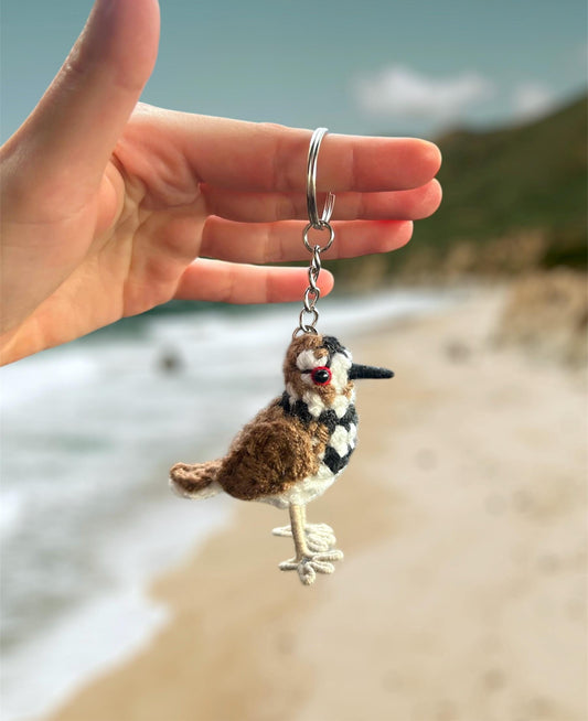 Hand holding a keychain with a bird design on a beach.