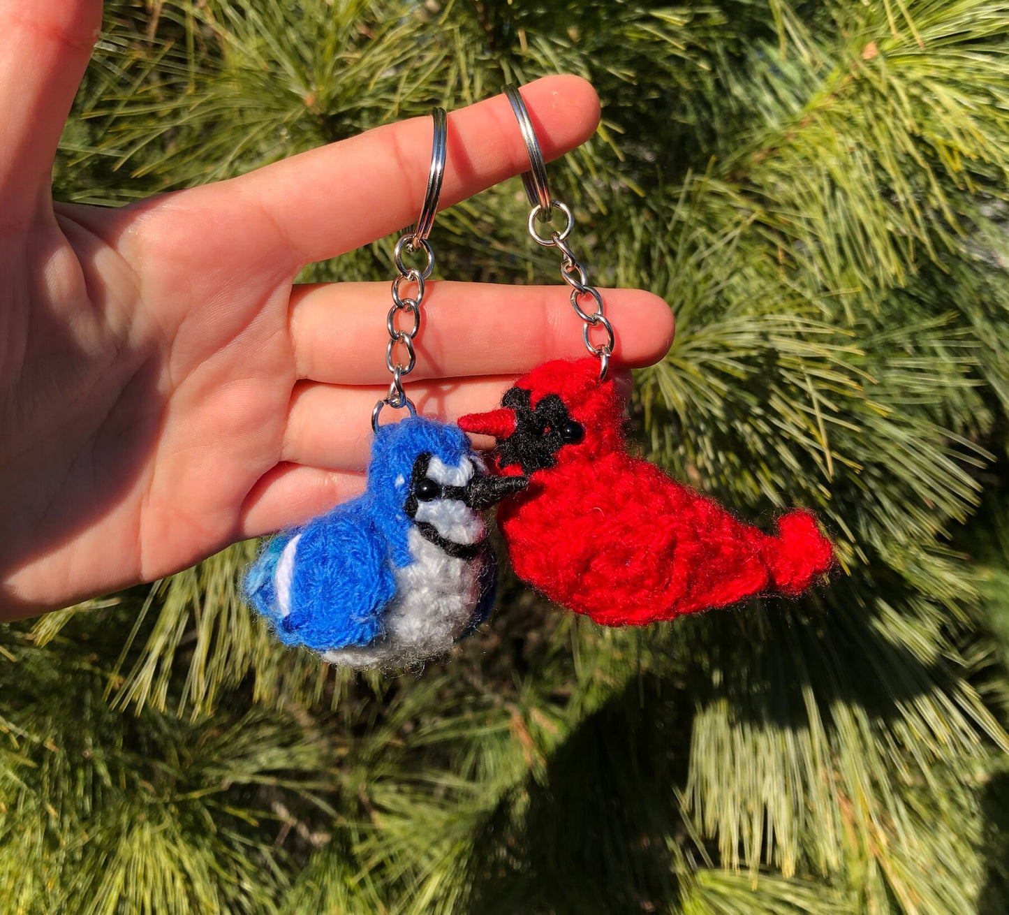 Tiny Birdies Crochet Blue jay & Cardinal Keychain