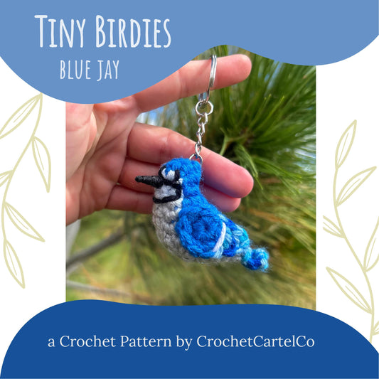 A blue jay crochet bird keychain crochet pattern, shown with a natural background