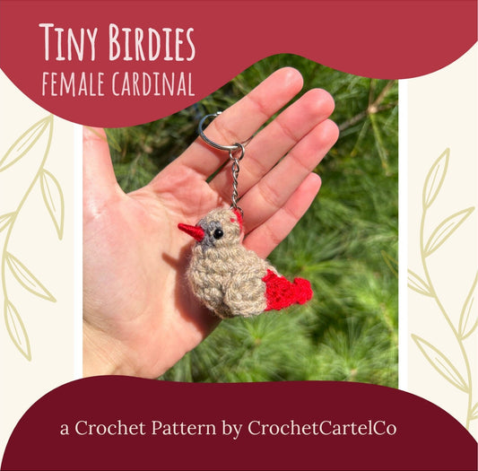 A cardinal keychain crochet pattern shown with a green background.