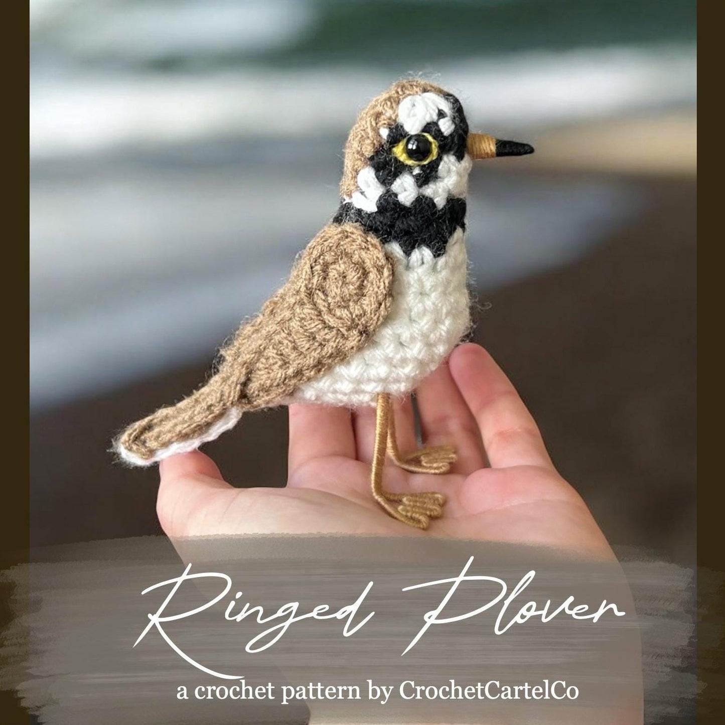 Crochet pattern for a ringed plover, held in a hand with 'Ringed Plover' text and 'CrochetCartelCo' branding.