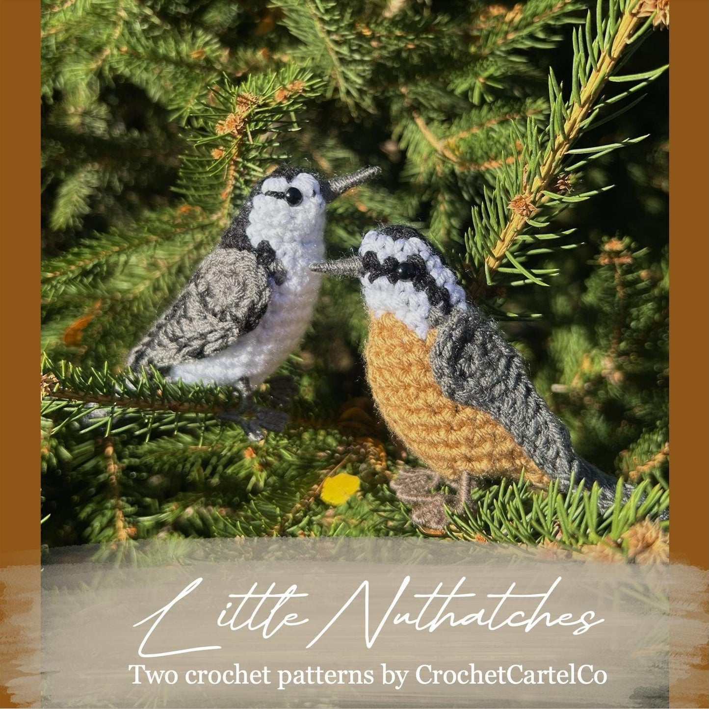 A crochet pattern showing two crocheted birds on a branch with 'Little Nuthatches' text and CrochetCartelCo branding.