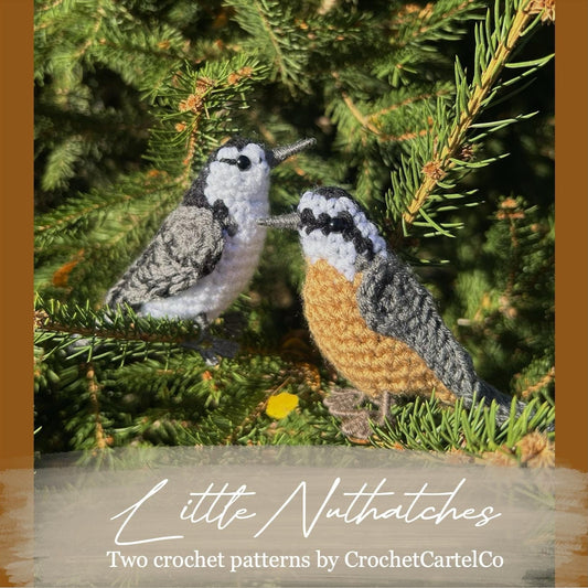 A crochet pattern showing two crocheted birds on a branch with 'Little Nuthatches' text and CrochetCartelCo branding.