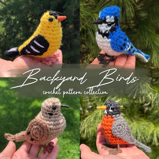 Collage of four crocheted birds held in hands with greenery in the background, labeled 'Backyard Birds crochet pattern collection'.