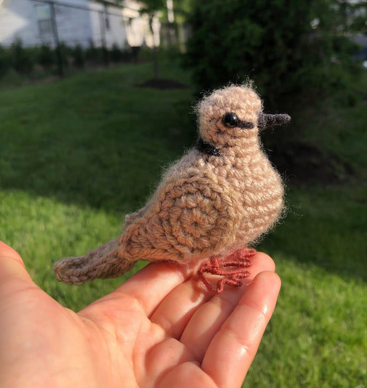 Crochet bird held in a hand with a grassy background