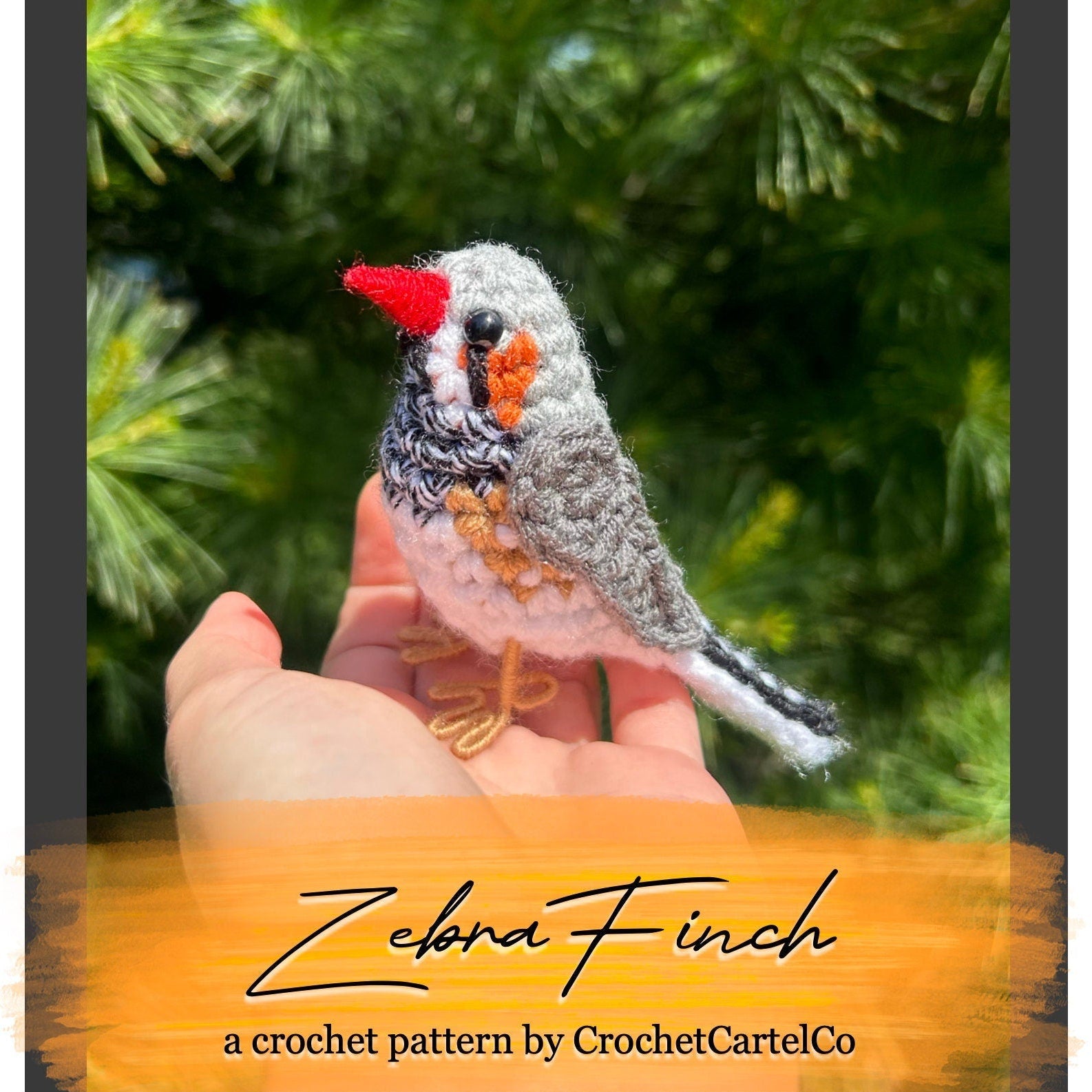 A crochet zebra finch crochet pattern shown with a green leafy background and 'Zebra Finch' text.