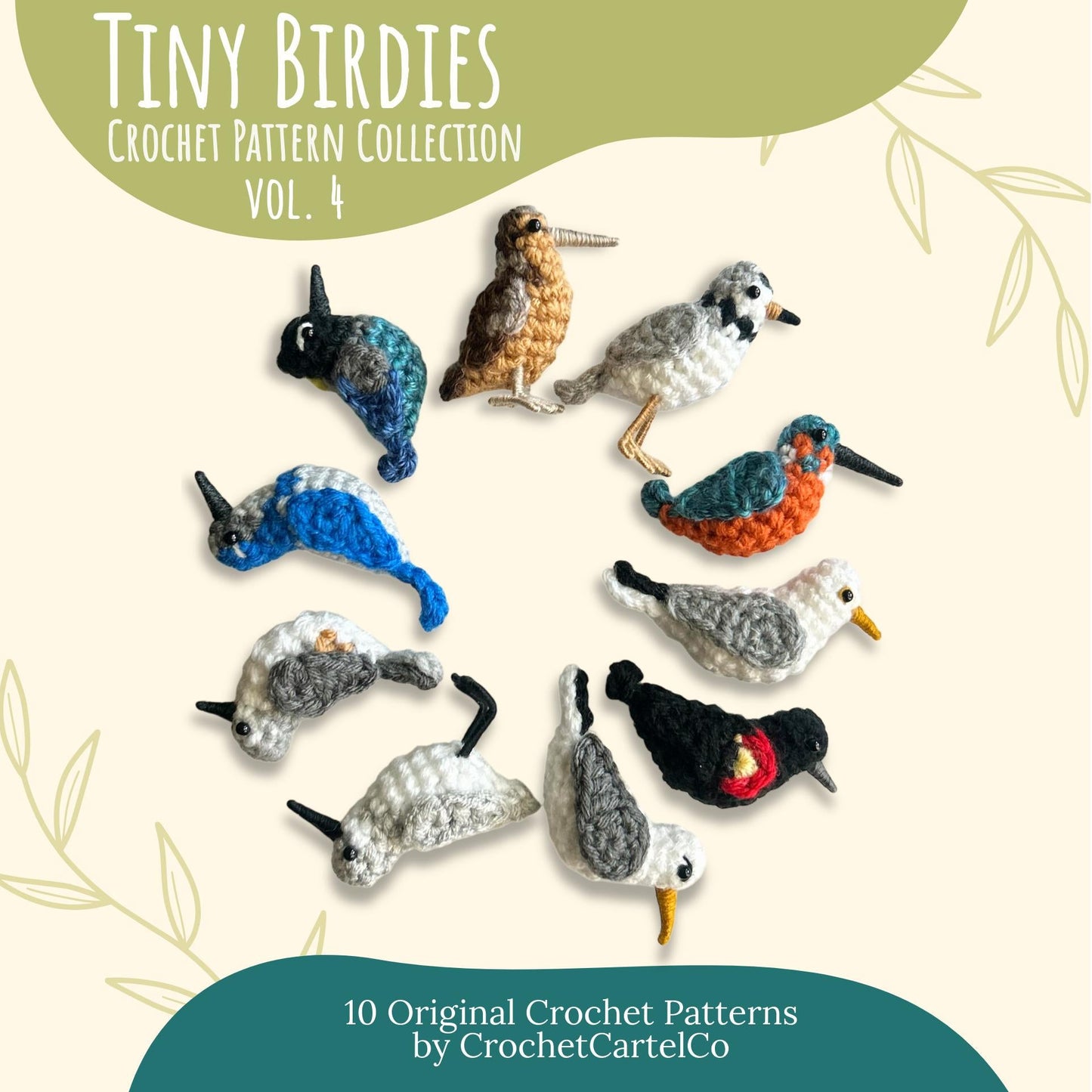 Crochet pattern collection for tiny birdies with colorful birds on a beige background