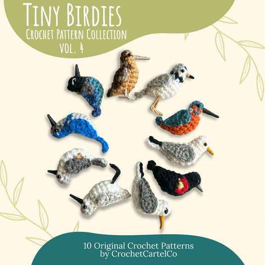 Crochet pattern collection for tiny birdies with colorful birds on a beige background
