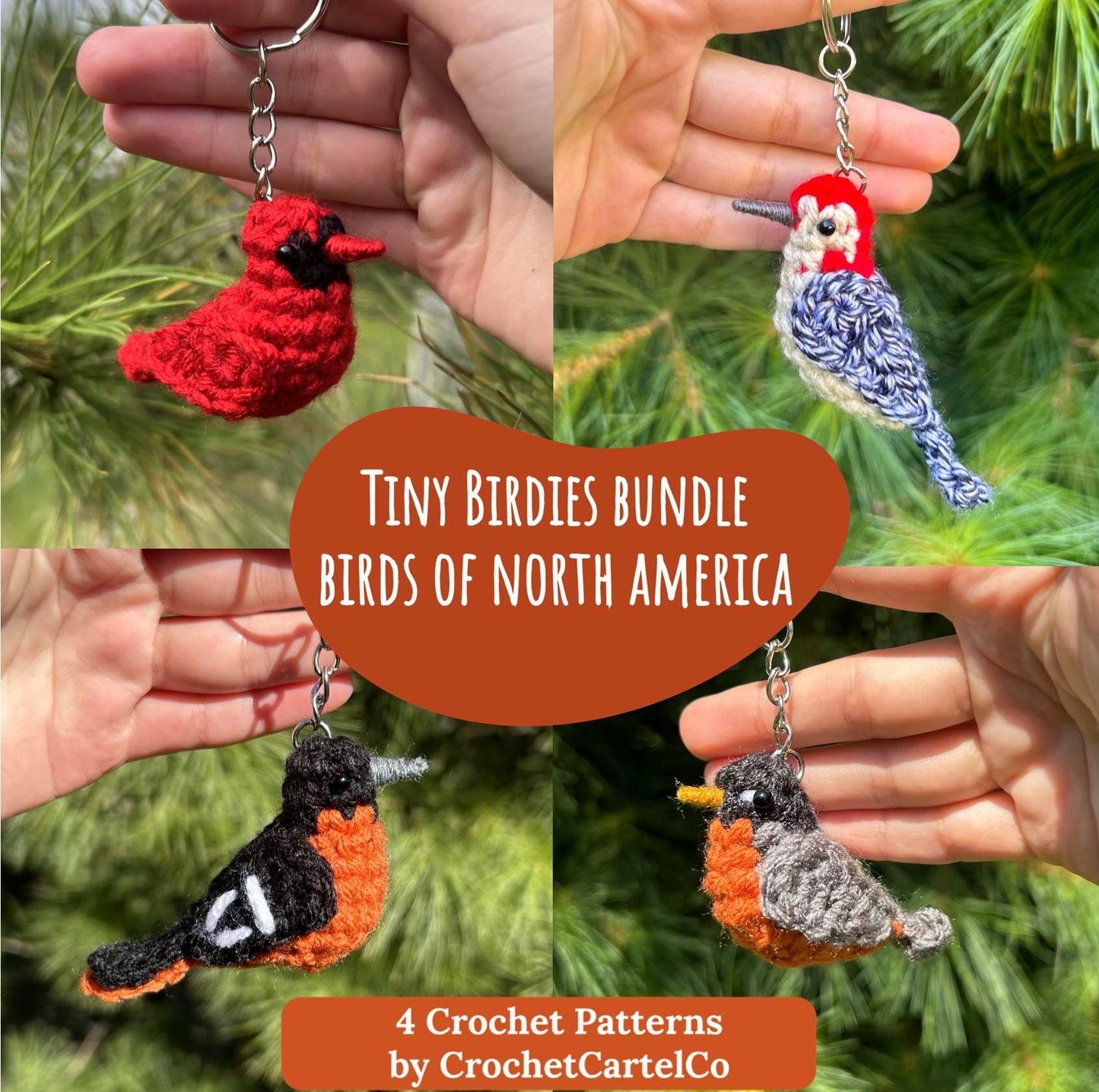 Collage of four crochet bird crochet patterns held by hands with a green leafy background.