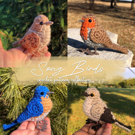 Collage of four crocheted birds in various colors held by hands, with 'Song Birds crochet pattern collection' text.