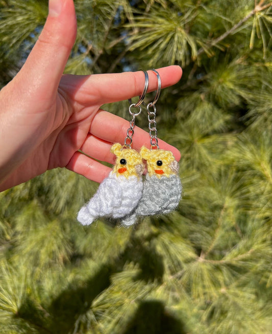 Hand holding two crochet bird keychains against a green leafy background