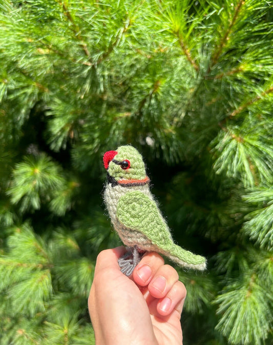 Hand holding a green crocheted bird toy against a green tree background