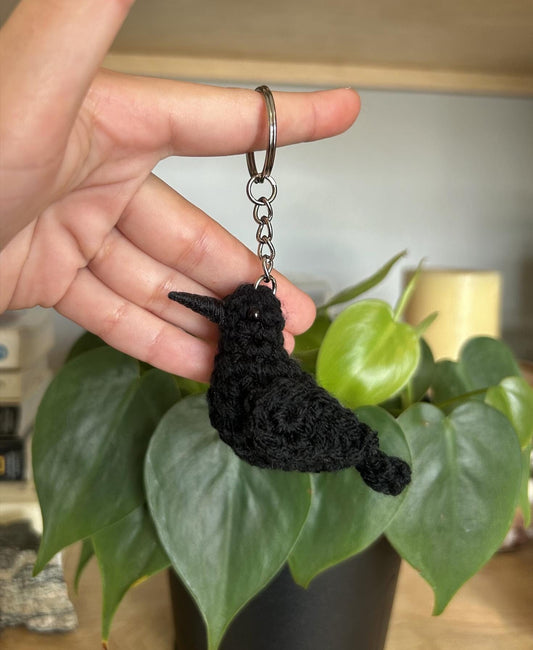 Hand holding a black bird crocheted keychain with a plant in the background