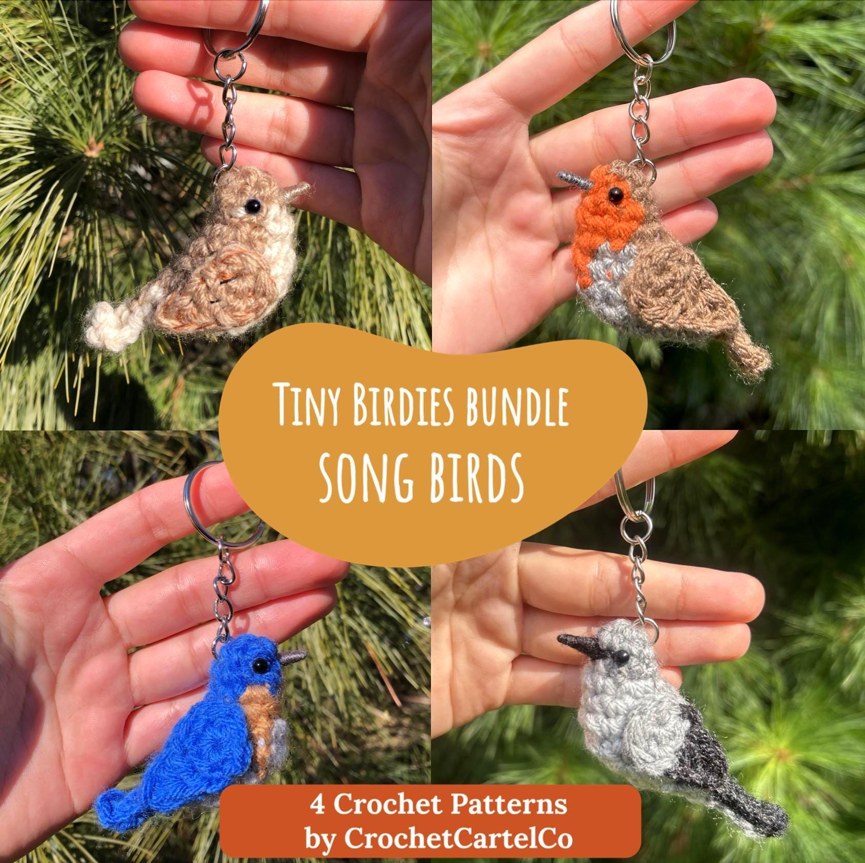 Four crochet bird keychain crochet patterns shown held in a hand with green foliage in the background, featuring 'Tiny Birdies Bundle Song Birds' by CrochetCartelCo.