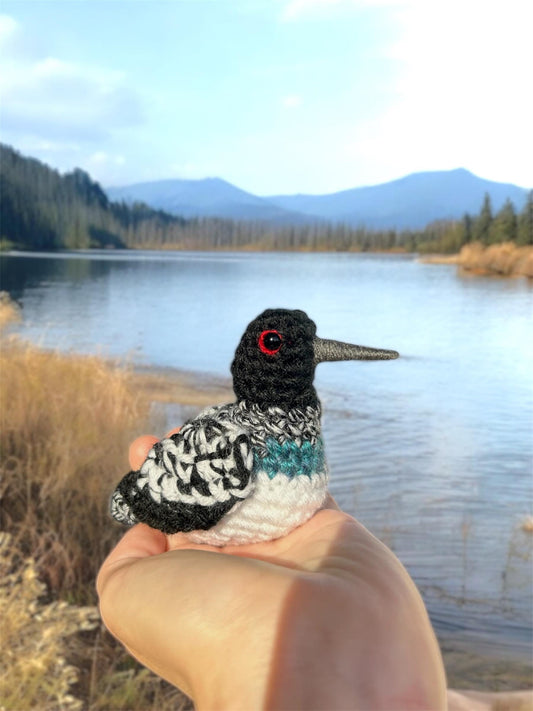 Hand holding a crocheted bird in front of a scenic lake with mountains and trees.