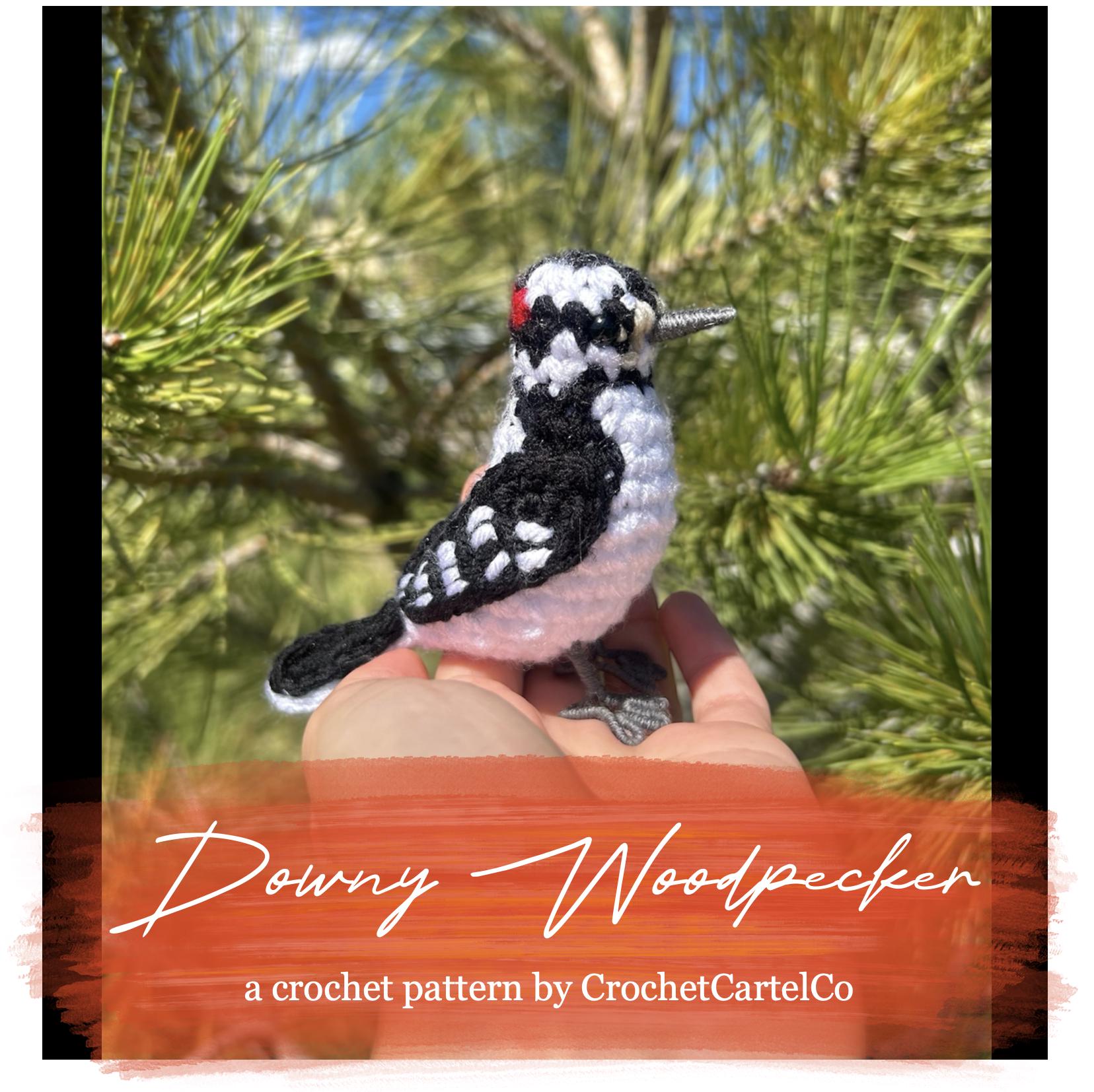 Crochet pattern for a Downy Woodpecker held in a hand with a pine tree background