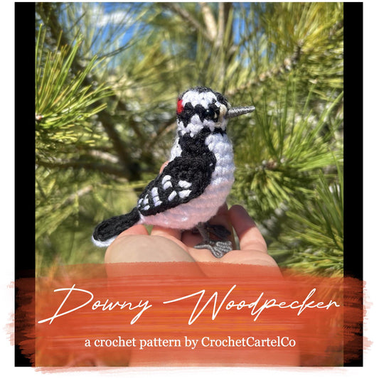 Crochet pattern for a Downy Woodpecker held in a hand with a pine tree background