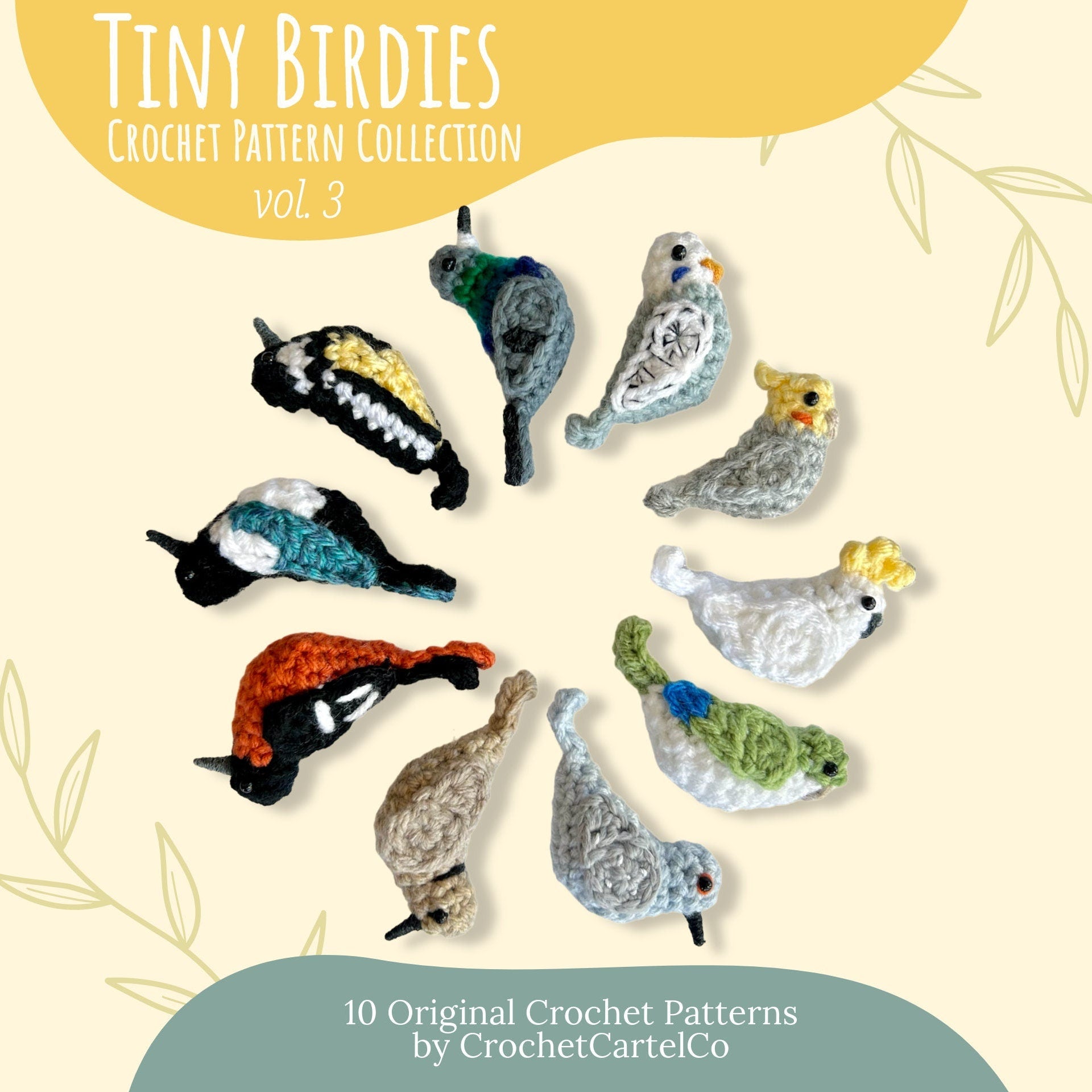 Crochet pattern collection for tiny birdies with colorful birds on a light yellow background.