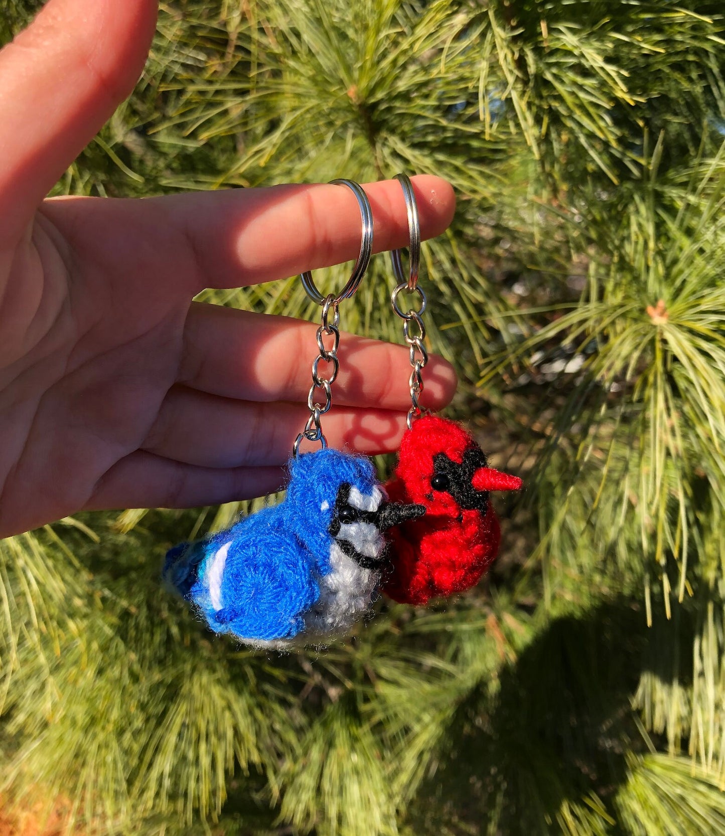 Tiny Birdies Crochet Blue jay & Cardinal Keychain