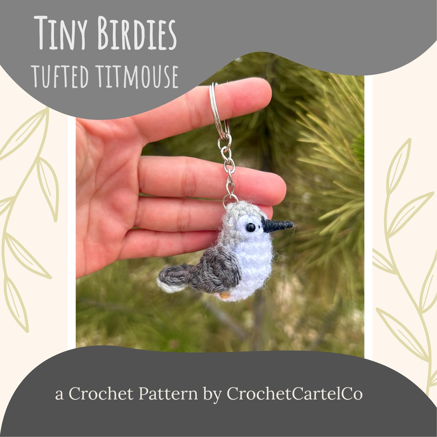 A crochet tufted titmouse keychain crochet pattern, shown with a natural background