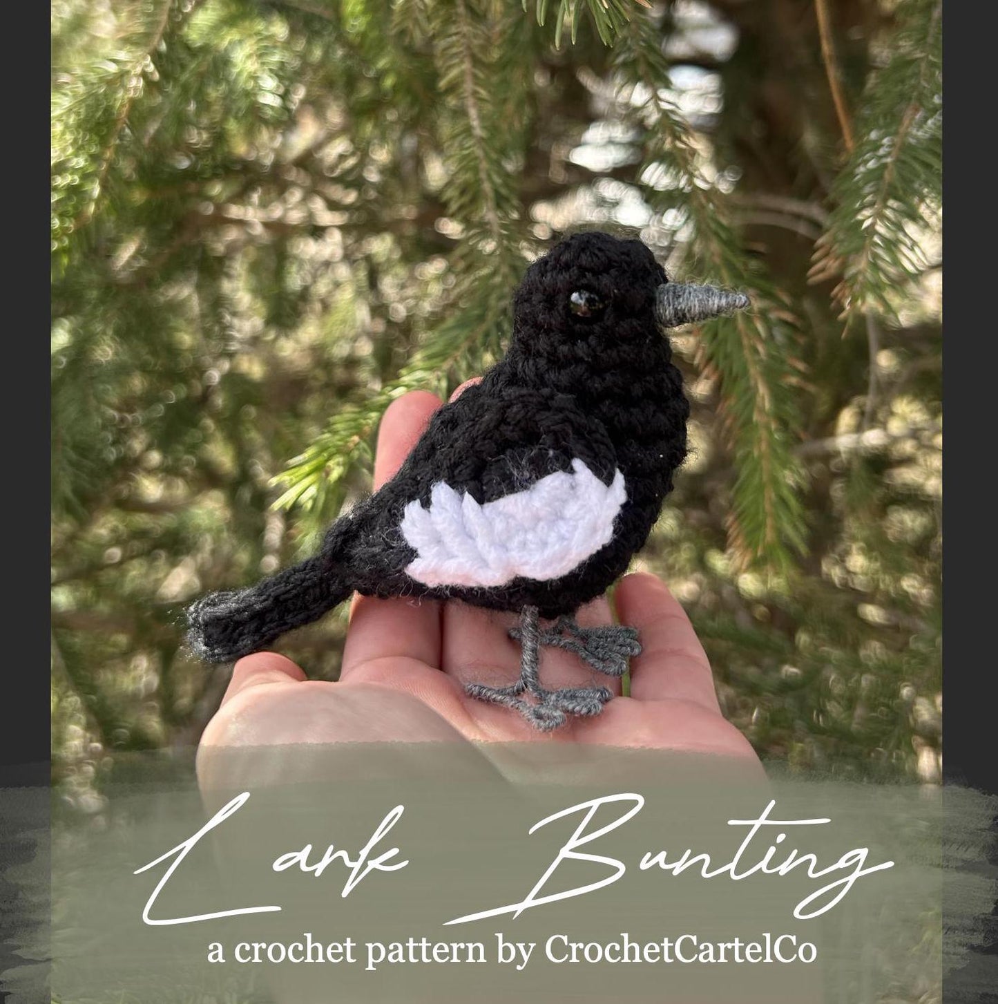 Crochet pattern for a crochet lark bunting. The bird is being held and is displayed with a blurred green background
